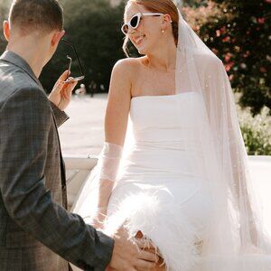 Strapless Crepe Feather Trim Midi Dress